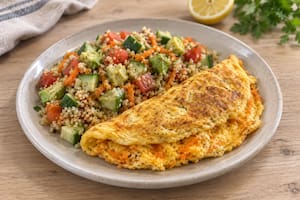 Omelette de zanahoria con ensalada de quinoa, tomate, pepino y palta
