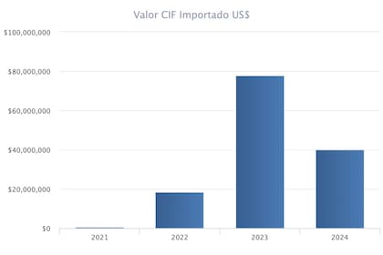 Onmichannel, una de las sociedades investigadas, logró casi cuadruplicar la importación en 2023, mientras el resto de la industria de la informática caía más del 30% como consecuencia del cepo. Fuente: Veritrade.