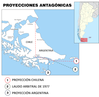 Las proyecciones chilena y argentina, antagónicas, y el laudo arbitral de 1977 que la Argentina jamás reconoció.