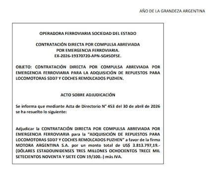 Operadora Ferroviaria adjudicó una contratación de US$3,8 millones a Motora Argentina