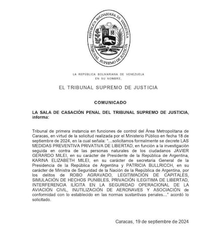 Orden de captura del Tribunal Supremo de Justicia de Venezuela contra Javier Milei