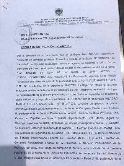 Ordenaron trasladar a la líder de la Tupac Amaru de Jujuy, Milagro Sala, a una cárcel federal de Salta