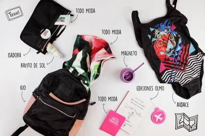 Organizador de cartera $299 de Isadora / Toallas humectantes $25 y Quitaesmalte $55 de Todo Moda / Protector de Rayito de Sol / Mochila $650 de Kio / Toalla $499 de Todo Moda / Mate $330 de Magneto / Traje de baño $1490 de Audace / Kit Porta Pasaporte y Tag $119 de Todo Moda / Libro “Del suelo al ci