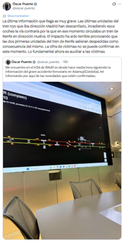 scar Puente, ministro de Transporte, calific el accidente como un hecho tremendamente extrao (X: @oscar_puente_)