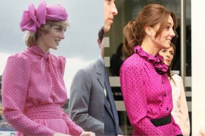 Otra coincidencia entre los vestidos de ambas mujeres de la Casa Windsor, con tres décadas de diferencia
