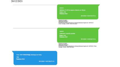 Otra conversación de diciembre de 2021 en la que Cantero le cuenta a su marido que Alberto lo espera en Olivos