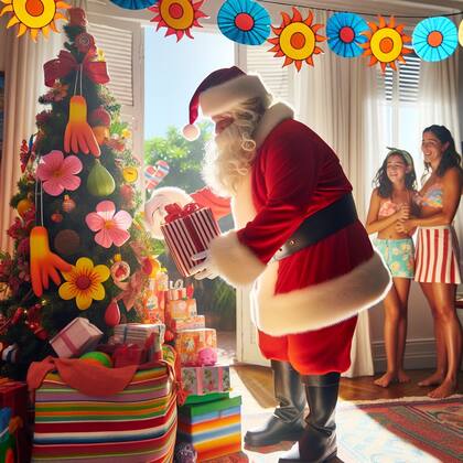 Otra escena navideña donde se lo ve a Papá Noel dejando sus regalos en una casa que la IA imagina como argentina