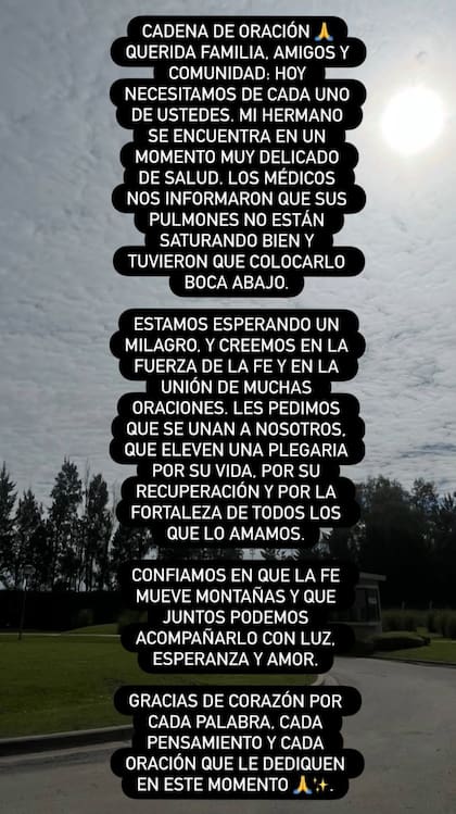 Otra historia compartida en Instagram por Camila sobre la salud de su hermano, Thiago Medina