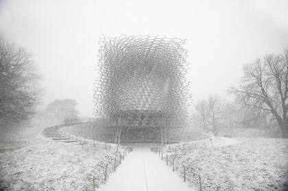 Otra imagen de El Hive -un poco más invernal- diseñado por Wolfgang Buttress y que está en medio del Jardín Botánico de Londres. La espectral imagen es resultado del trabajo de Jeff Eden