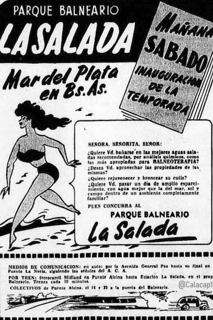 Otro aviso de las piletas de La Salada, que esta vez se centra en sus propiedades curativas, el año 1946