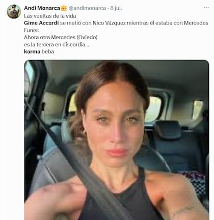 Otro de los comentarios que circularon en X sobre el "karma" de Gimena Accardi (Foto: Captura X @andimonarca)