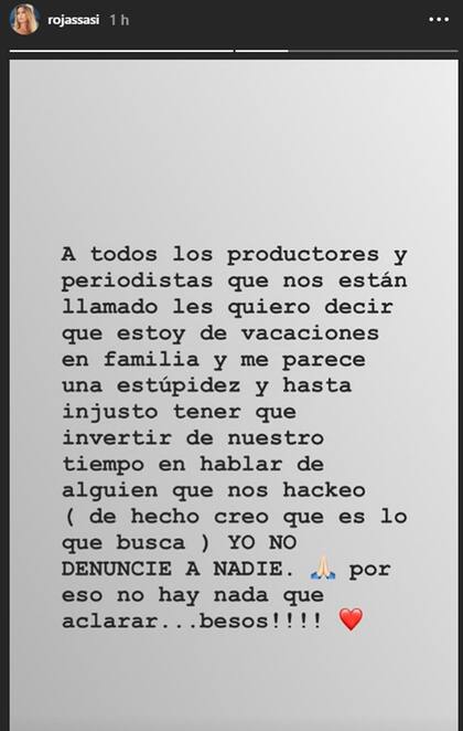 Otro mensaje de Sabrina Rojas tras el hackeo
