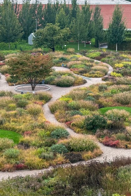 Oudolf diseñó tres zonas de plantación con senderos sinuosos, sin un punto focal al final.