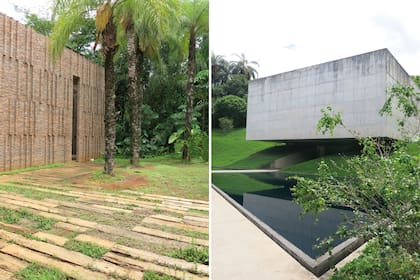 Pabellón Claudia Andujar (izq.), donde se expone el trabajo de la fotógrafa suiza radicada en Brasil y galería Adriana Varejão (der.), un enorme cubo de cemento con grandes espejos de agua.