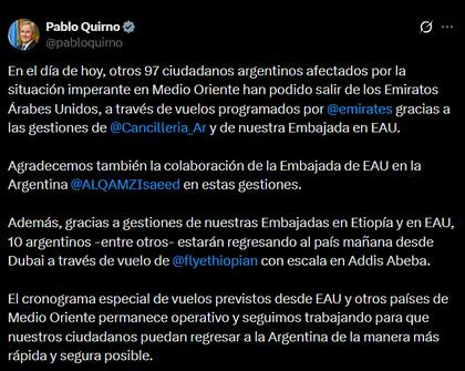 Pablo Quirno informó que otros 97 argentinos fueron evacuados de Emiratos Árabes