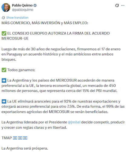 Pablo Quirno manifestó su apoyo al acuerdo entre la UE y el Mercosur (X: @pabloquirno)