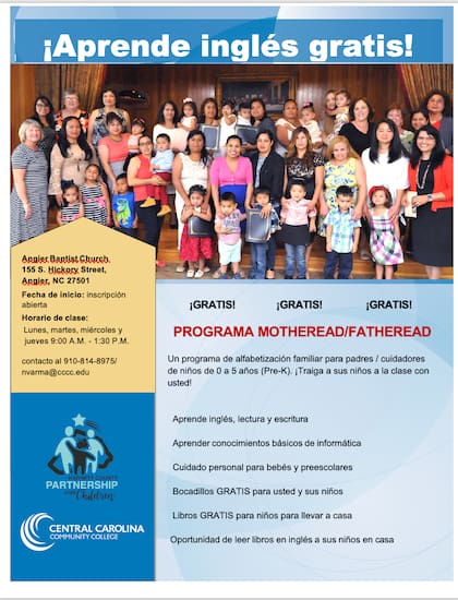 Padres y madres de familia, así como cuidadores infantiles, pueden aprender inglés gratis en Carolina del Norte (CCCC)
