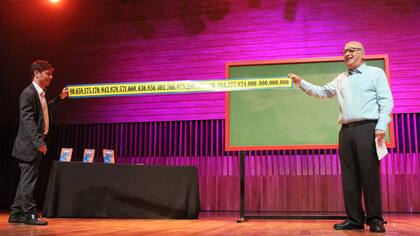 Paenza y Kicillof con el número derivado de uno de los desafíos matemáticos con el que el público bromeó por la pelea con los holdouts