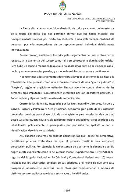 Página 1605 de los fundamentos de la sentencia a Cristina Kirchner