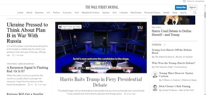 Página de inicio del Wall Street Journal tras el debate entre Trump y Harris.