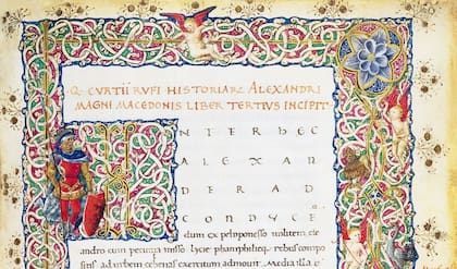 Página iluminada de "Historiae Alexandri Magni" (Historia de Alejandro Magno de Macedonia), de Quintus Curtius Rufus, manuscrito en latín.