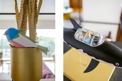 Pájaro de papel (Guardabosques, Centro Cultural Recoleta). Orca con Tintín y su perro Milú (colección ‘Les icônes’ del historietista Hergé).