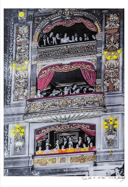 Intervención de Marcelo Brodsky sobre una foto de palcos de la sala principal, circa 1910