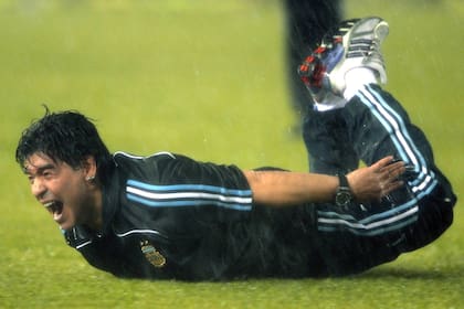 La palomita de Diego, tras el agónico gol de Palermo a Perú para la selección en el Monumental en octubre de 2009, en las eliminatorias del Mundial de Sudáfrica.