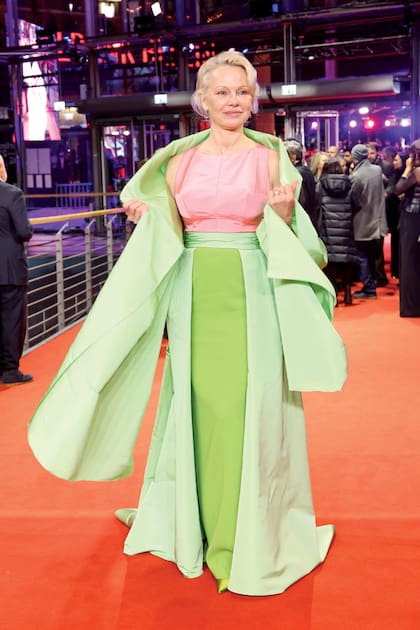 Pamela Anderson posó en la red carpet con un vestidazo de Carolina Herrera Resort 2026 en rosa y verde, sin mangas, sobrefalda con cola y voluminoso chal. Las joyas, de Pandora