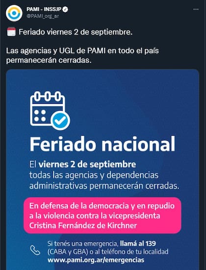 PAMI comunicó que este 2 de septiembre no abre sus oficinas (Foto: Captura Twitter /@PAMI_org_ar)
