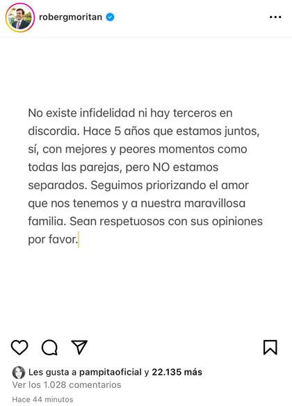 Pampita le dio like al descargo de Moritán (Foto: Instagram/@robergmoritan)