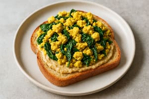 Pan sin gluten, tofu revuelto y hummus