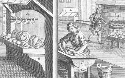 Panadería. Grabado en cobre, posterior a 1720. En la parte trasera del obrador se pueden ver los cuernitos como productos de panadería. (Fuente: © Museo del Pan y del Arte – Foro de la Alimentación Mundial, Ulm)
