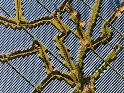Paneles solares, cuidadosamente dispuestos a lo largo de los límites de los pastizales