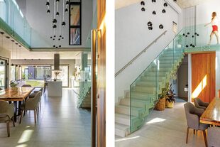 Paños de vidrio templado y laminado de 20mm en la escalera y el pasillo (Hyalotecnia S.A.). Tapiz (Hachez). Contenedores para macetas (Paysana Deco).