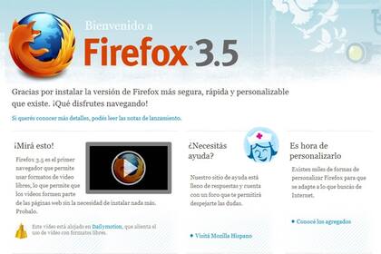 Pantalla de bienvenida de la nueva versión del Firefox 3.5