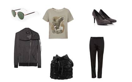 Pantalón (Cacharel) Remera (Bendito Pie, $406) Campera (Cacharel, $1992 sale The Net Boutique) Anteojos (Elizabeth Arden) Zapatos (Lazaro, $2590) Cartera (Amphora, $1099)