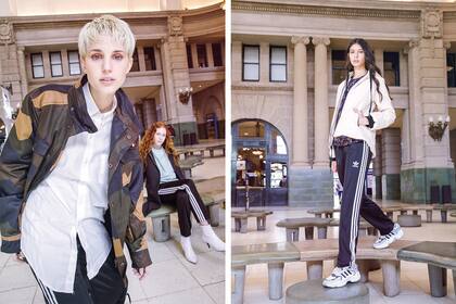 Pantalón con tiras (Adidas) 1. Parka camuflada y camisa (Bensimon). 2. Tapado de paño (Giesso), vestido (Adidas) y botas (Uma). 3. Campera puffer acharolada (Uma), camisa de flores (Tommy Hilfiger) y zapatillas Magmur Runner (Adidas)