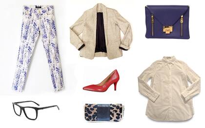 Pantalón estampado ( Bercia, $450) Saco dorado ( Young Look, $450) Stilettos ( Via Uno, $1799) Billetera animal print ( Divinos Costales, $380) Camisa ( Julien, $616) Anteojos ( Absurda, $1700) Sobre ( Peter Kent, consultar precio)
