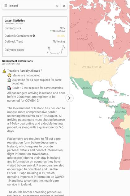 Para cada país, el sitio detalla las restricciones a los viajeros, el tipo de cuarentena que enfrentan, los trámites para ingresar al país y más