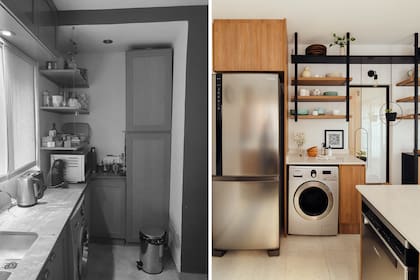 Para contener la heladera y el lavarropas la arquitecta creó muebles a medida que, además de ser atractivos visualmente, aumentaron la capacidad de guardado.