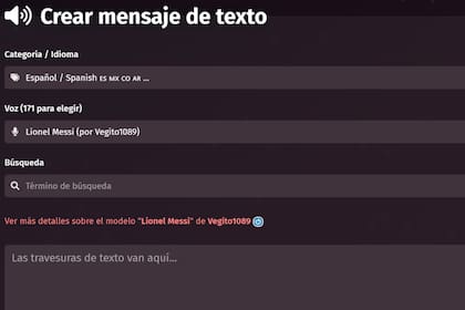 Para crear el audio de WhatsApp con la voz de Lionel Messi, se debe seleccionar su nombre y luego escribir el mensaje