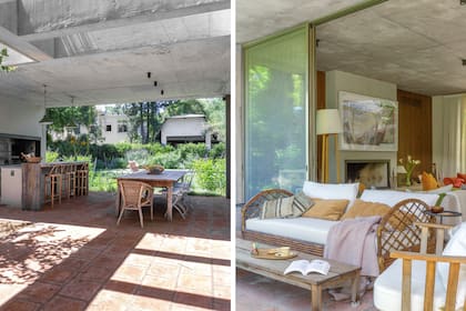 Para darle carácter a la barra del quincho, se la revistió en madera (Pablo Ledesma) y se iluminó con lámparas galponeras del Mercado de Pulgas. La mesa es de Casa The Stock. En la galería, todavía en evolución, un camastro de mimbre que una vecina del barrio estaba por tirar, al que Chiara restauró y le agregó un respaldo.