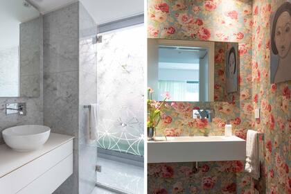 Para el baño secundario, también se optó por mármol Carrara, unificando materiales. En el toilette, las paredes se recubrieron con un original empapelado floral.