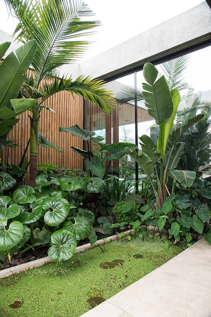 Para el jardín de la puerta principal, la arquitecta diseñó un estanque.