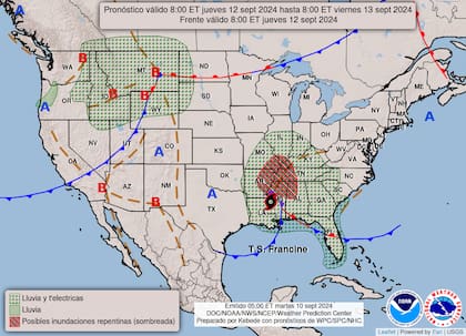 Para el jueves 12 de septiembre se espera que el huracán Francine provoque lluvias, tormentas eléctricas y riesgo de inundaciones repentinas en varios estados