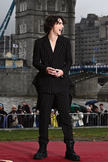 Para el photocall de Londres, lució un traje de rayas con doble botonadura y chaqueta con cola de estilo frac, de la colección primavera 2024 de Alexander McQueen.