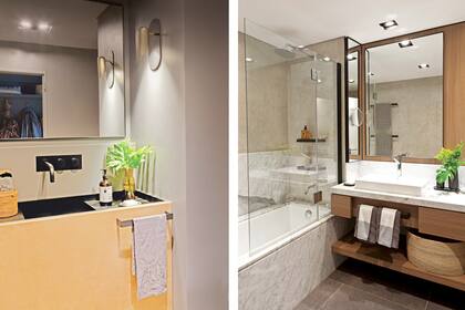 Para el toilette (izquierda), colores y texturas súper originales: como el frente del lavatorio revestido en cuero (Larralde Spelzini). Luminaria (La Feliz). El baño principal, más tradicional.