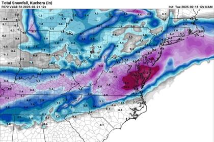 Para el viernes, el sur de Nueva Jersey podría registrar la acumulación de 30 centímetros de nieve (Pivotal Weather)