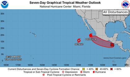 Para el viernes o sábado, se espera que Priscila se transforme en un sistema postropical al enfrentar mayor cizalladura del viento del suroeste y un ambiente más seco